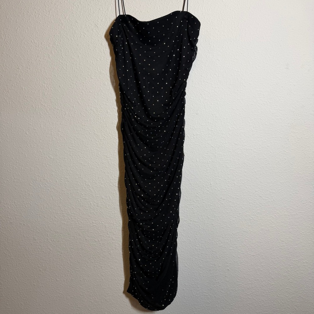 B. Smart Black Ruched Mesh Rhinestone Cowl Neck Midi Dress Spaghetti Strap